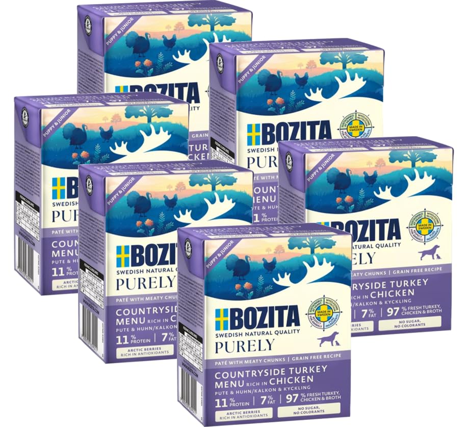 Bozita Purely 6 x 370g Pute & Huhn (Puppy & Junior) im Tetra | Getreidefreies Nassfutter für Hunde | Sehr Hoher Fleischanteil | mit Fleischstückchen | ohne Zucker & ohne künstliche Farbstoffe