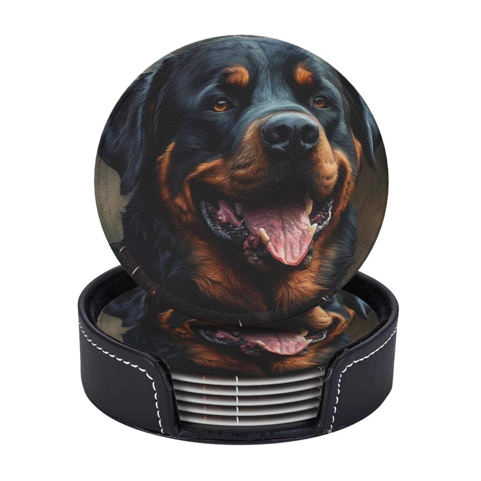 Coasters Set of 6 Leather Drink Coasters with Holder Rottweiler Dog Tongue Coasters for Drinks Heat Resistant Coaster Round Coffee Cup Mat Pad for Kitchen Office Home Decor