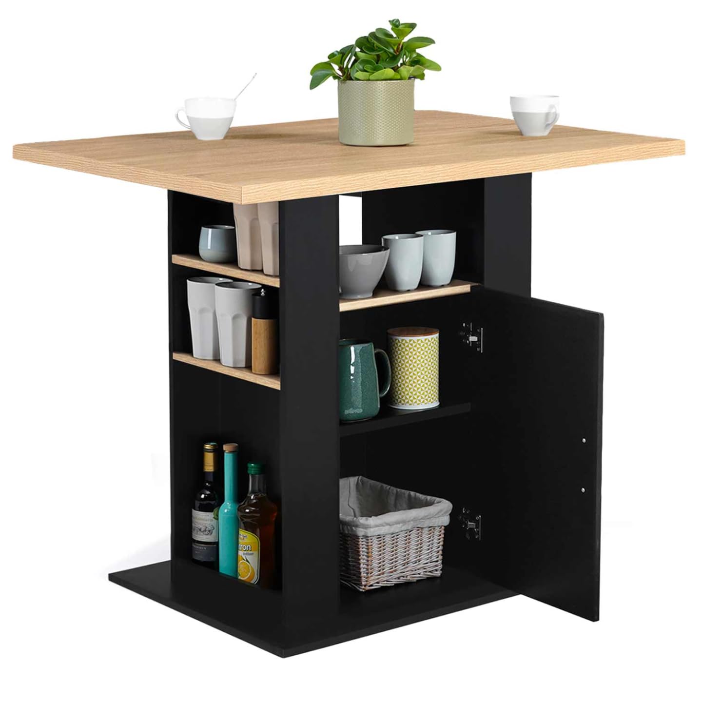 IDMarket - Ilot Central UGO 110 cm Bois Noir et Imitation hêtre avec rangements