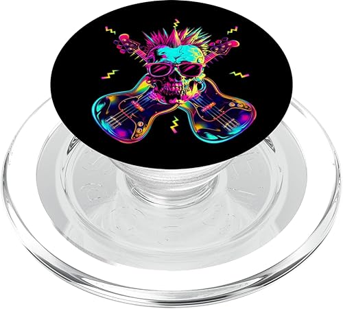 Streetwear Synthwave 80s 90s skull rock music bass guitar PopSockets PopGrip for MagSafe