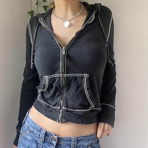 Faretumiya Women Zip Up Long Sleeve Crop Hooded Tops Ribbed Knit Cropped Hoodie Jacket Y2K Cute Sweater Pullover(Black Retro,S) #TOP2