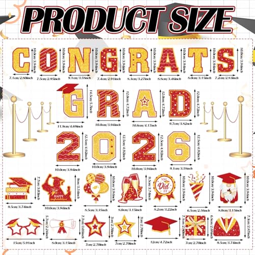 Image of Landhoow 30 Pcs Graduation Car Magnets 2026 Senior Graduation Car Decoration Bumper Sticker Congrats Grad Magnet Magnetic Refrigerator Decal for Grad Parade Party Supplies (Red, Gold)
