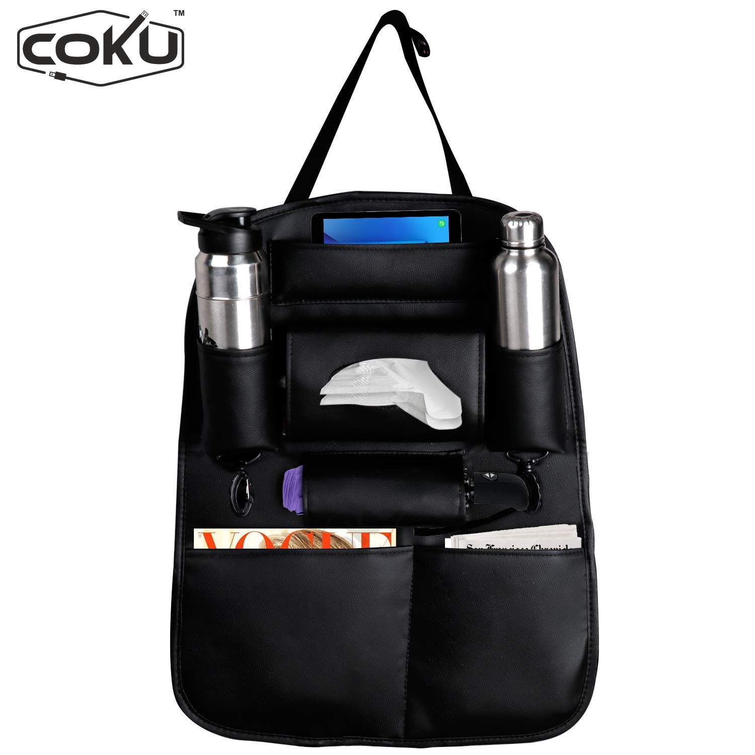 coku Universal Back Seat Car Organizer Multi Pocket Storage with Document, Water, Bottle Tablet and Tissue Holder (Black) - Image 7 thumbnail