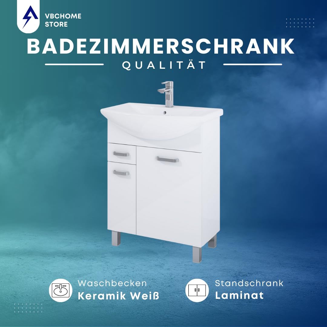 VBChome Badmöbel 66x44x84 cm Weiß Waschbecken mit Hahnloch Badezimmerschrank 2 Türen 1 Schublade Soft Close System Modern
