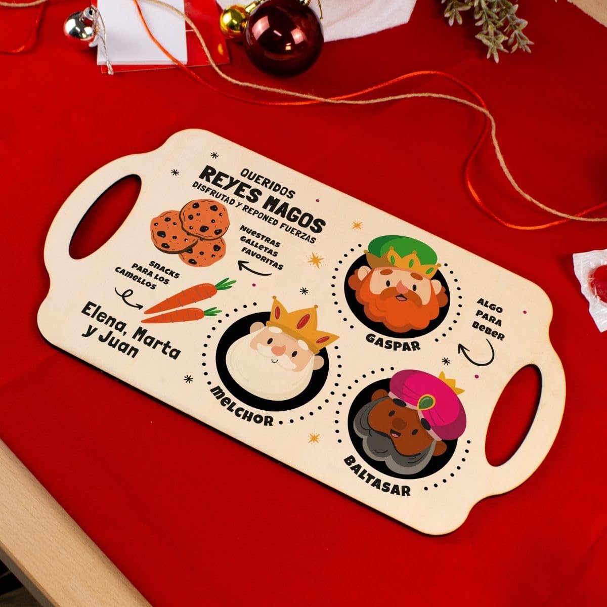 Bandeja de Navidad Personalizada de Madera Con Nombre - Reyes Magos y Papá Noel (Diseño 2, Rectangular Grande)