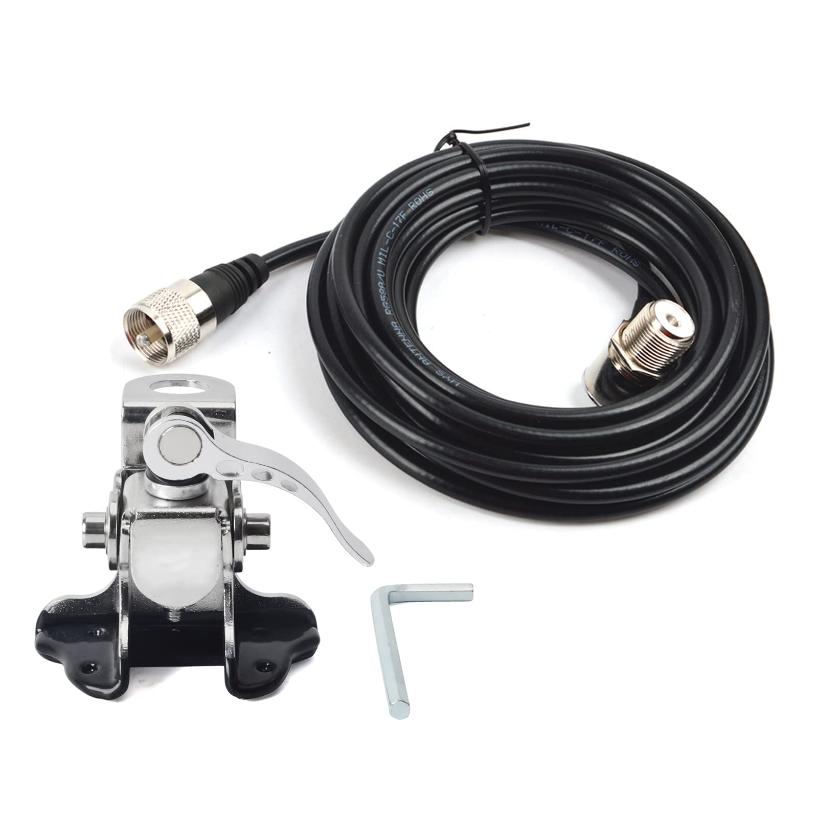 HYS Supporto per antenna per auto in acciaio inox per montaggio a clip per bagagliaio con staffa di montaggio a berlina angolare regolabile con connettore SO239 a PL-259, 16,4 Ft di RG-58 cavo