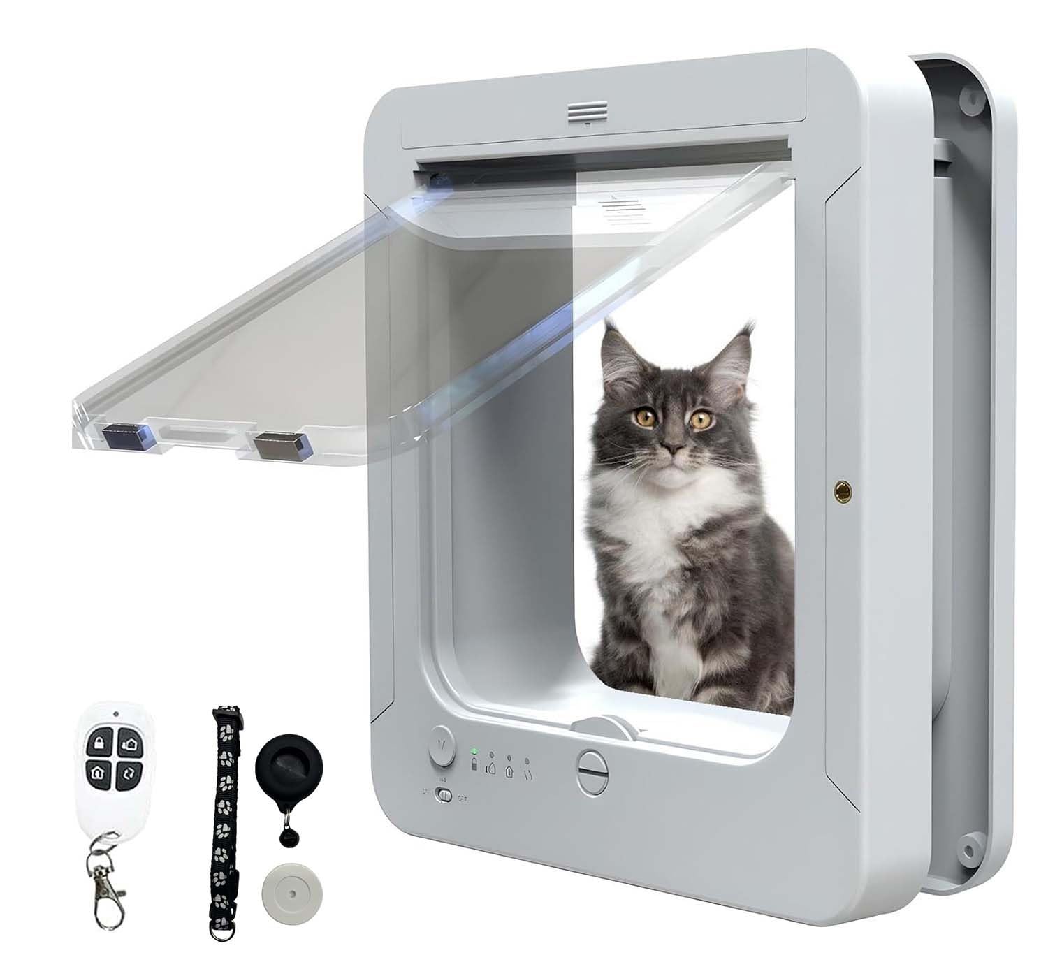 Smart Cat Door with Microchip and RFID, Electronic Pet Flap for Cats and Small Dogs, Weatherproof Exterior Door Access with 2 Sensor Collars and Remote Control,A