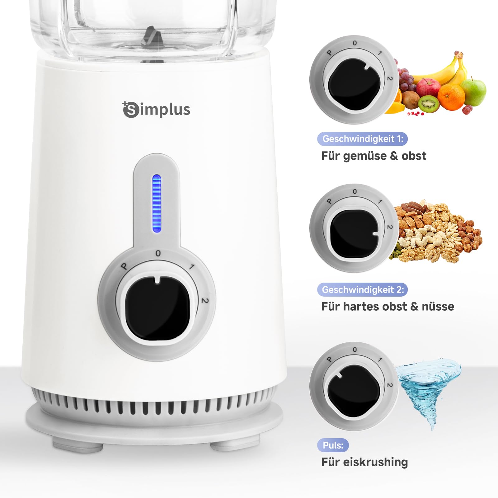 SIMPLUS 3-in-1 Standmixer & Smoothie Maker mit 1,25L Mixbecher, 500ml Fleischwolf & 300ml Mahlbecher, 3 Geschwindigkeitsstufen mit Pulsfunktion, Edelstahlmesser
