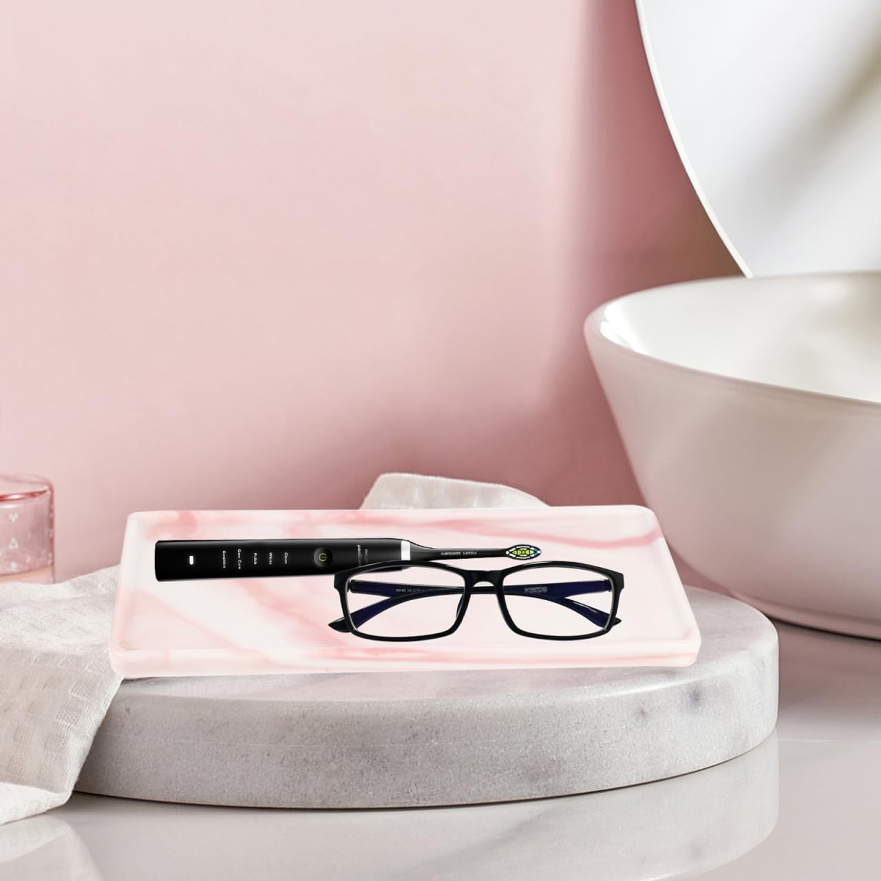 Cabilock Ceramic Vanity Tray 8.07X3.74In Pink Marble Desktop Organizer for Bathroom Countertop Cosmetics Storage and Vanity Essentials