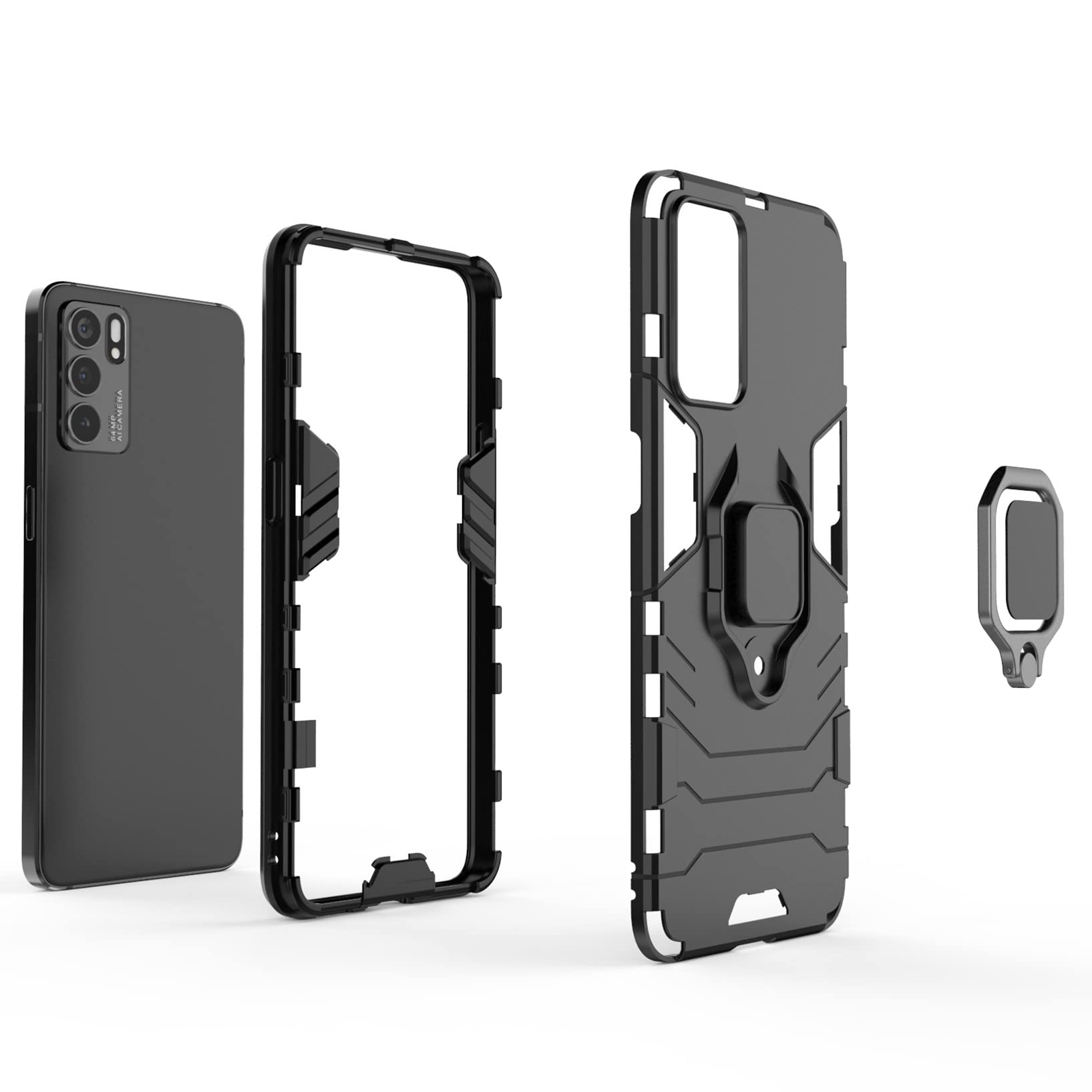 GKK DESCHE cover per OPPO Reno 6 5G con Vetro Temperato, Custodia Protettiva Resistente Antiurto Robusta Case con Supporto Magnetico Rotante a 360° - Nero