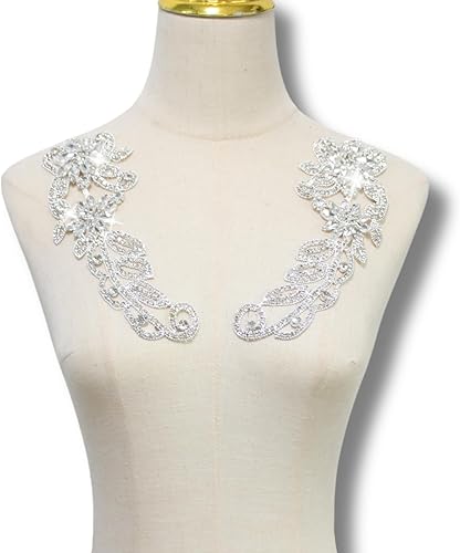 PEARLY JUN Apliques de diamantes de imitación de plata con apliques de diamantes para vestidos, costura a mano, proyectos de manualidades, ropa de