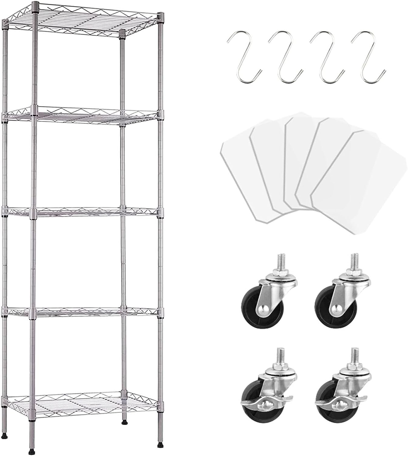 5 Tier Shelving Unit Adjustable Storage Shelf Metal Storage Rack Wire Storage Shelves 16.5" L x 11.8" W x 59" H for Pantry Closet Kitchen Laundry (Silver)