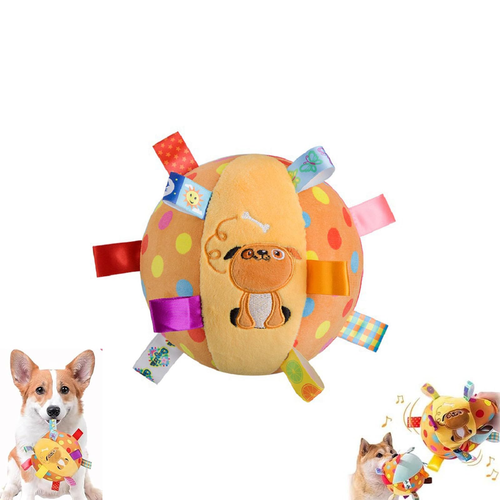Colorful Squeaky Hanging Dog Training Toy, 6-Inch Soft Stuffed Ball with Cotton Material and Built-in Bell, Squeaky Plush Toy With Straps,Elastic Stretchy Hanging Strap for Play (Yellow Puppy)