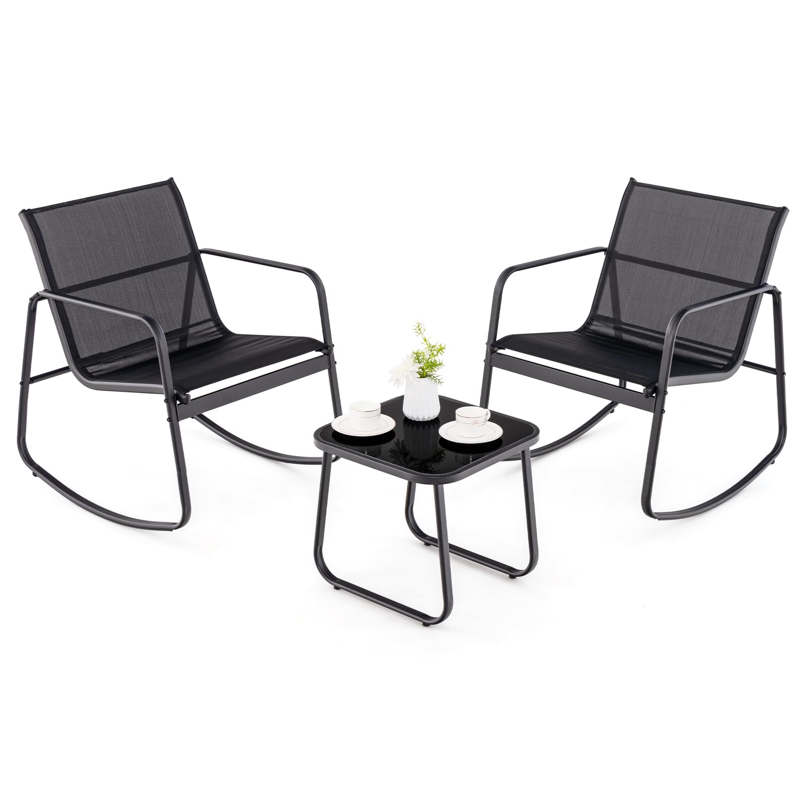 GIANTEX Set da Giardino per 2 Persone, Sedie a Dondolo con Tavolino in Vetro, Tessuto Traspirante e Gambe Regolabili, Disponibile in 3 Colori, Perfetto per Balcone e Terrazzo
