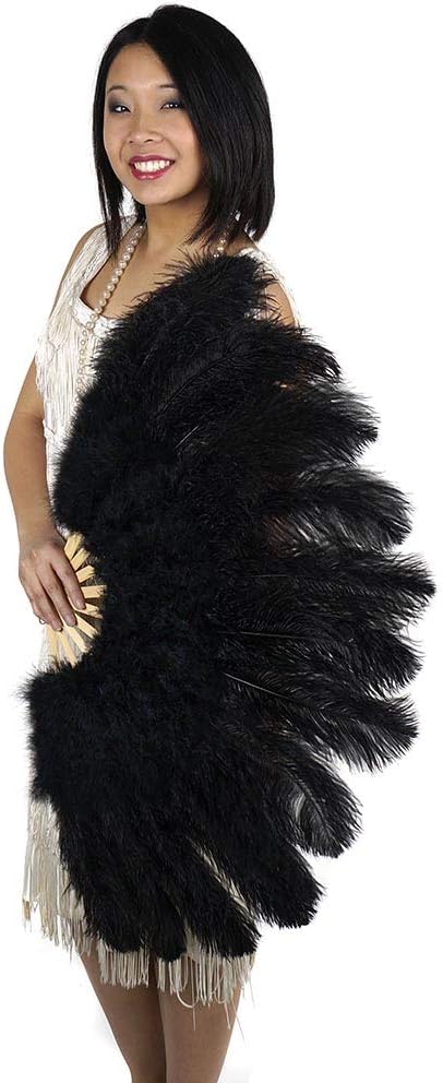 ZUCKER Large Ostrich Feather Fan - Vintage Costume Folding Hand Fan - Burlesque Showgirl Costume Decorative Fan for Women