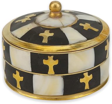 BlessedMart Round Brass Decorative Box with Lid Mother of Pearl and Cross Detailing, Diameter 2.76 inch