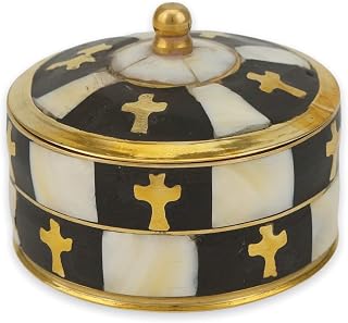 Round Brass Decorative Box with Lid Mother of Pearl and Cross Detailing, Diameter 2.76 inch