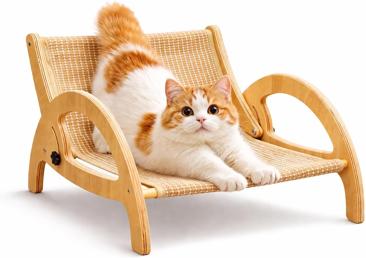 Adjustable Sisal Cat Scratcher Lounge Chair, Wooden Reclining Lounger Bed with Elevated Scratch-and-Rest Design for Indoor Cats, Natural Finish