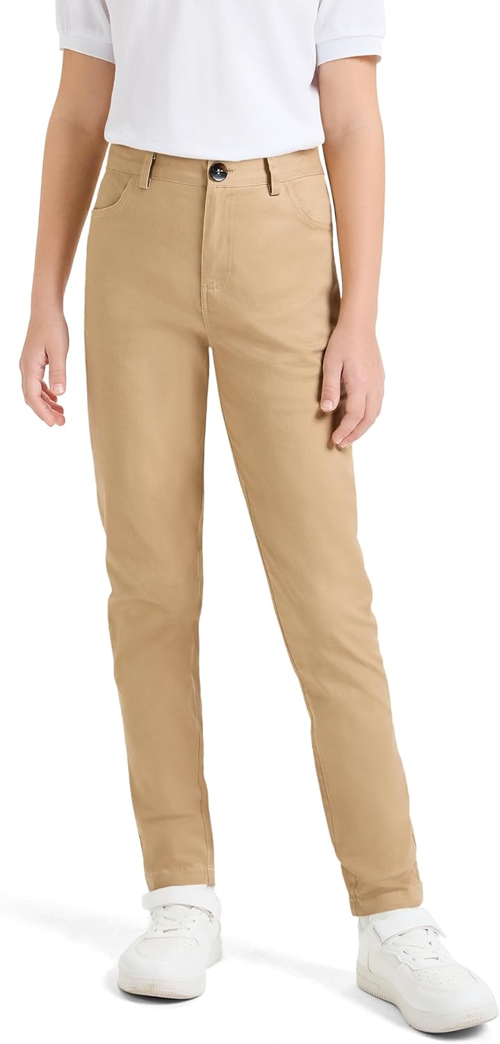 KEREDA Girls School Uniform Skinny Pants with Pockets, Elasticized Waistband, School Pants for Teen Girls Clothes