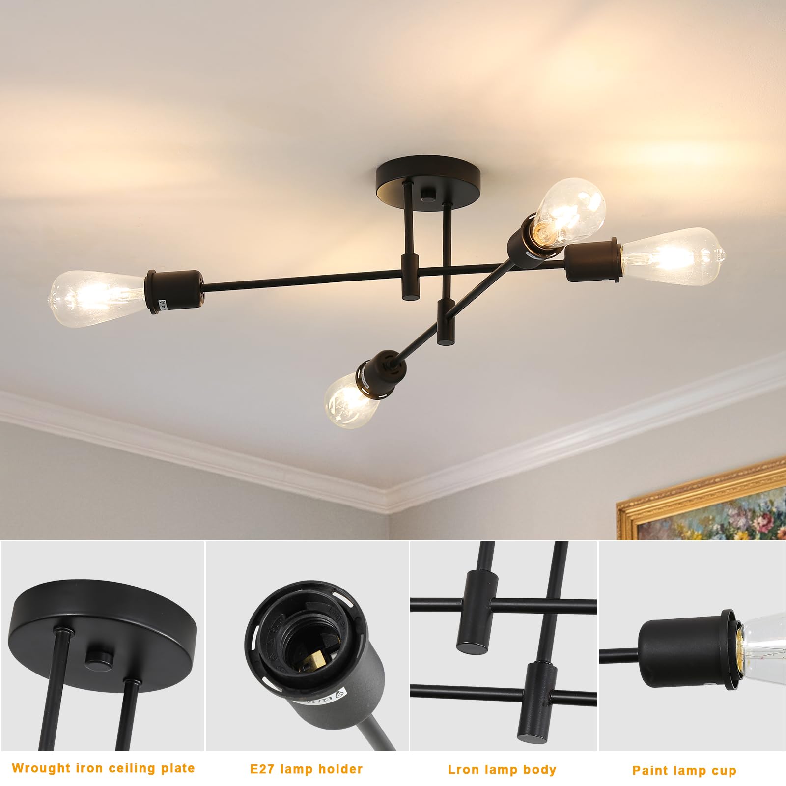 Comely Plafon Przemysłowy, Żyrandol Sputnik Średnica 72cm, Regulowana O 180° Lampa Sufitowa Do Sypialni, Kuchni, Salonu, Baru, Kawiarni, Cały Czarny, Podstawa E27, Bez Żarówki