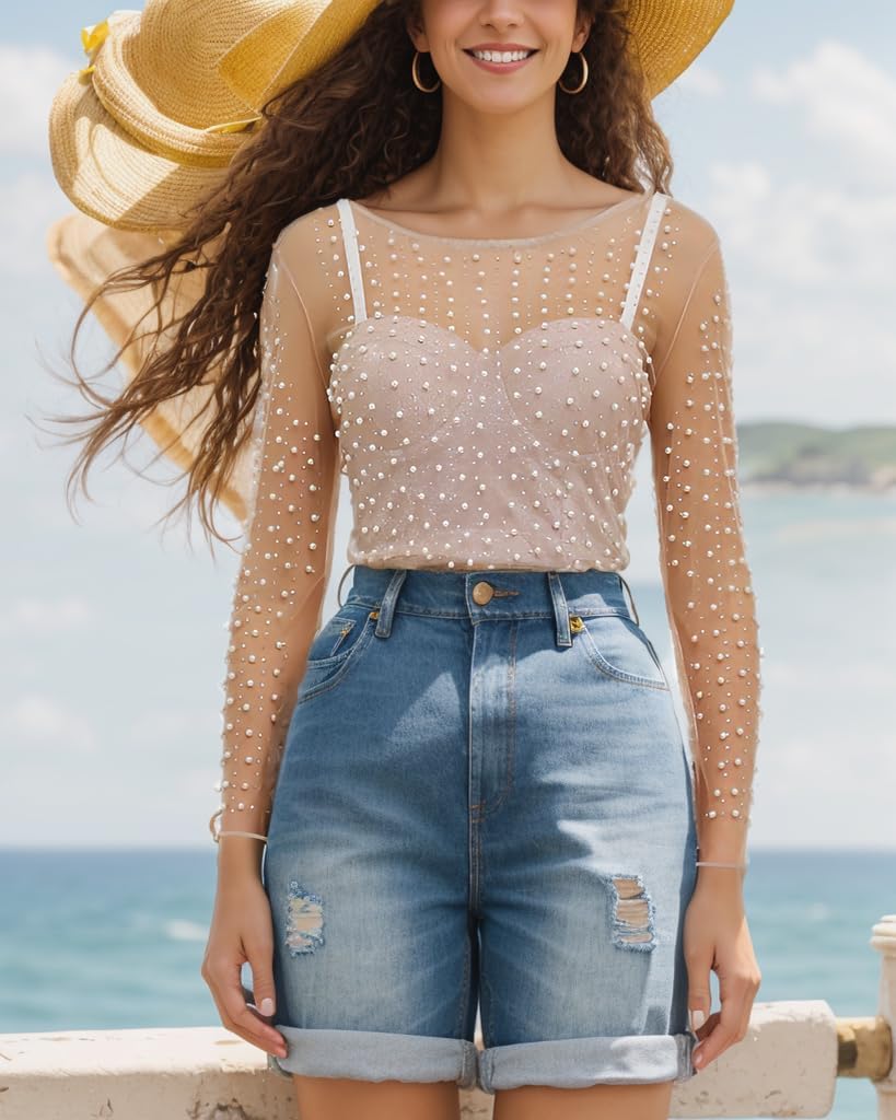 WILLSIN Women Pearl Rhinestone Sheer Mesh Crop Top Sexy See Through Long Sleeve Slim Fit Cropped Blouse Shirt Glitter Tops - Image 4
