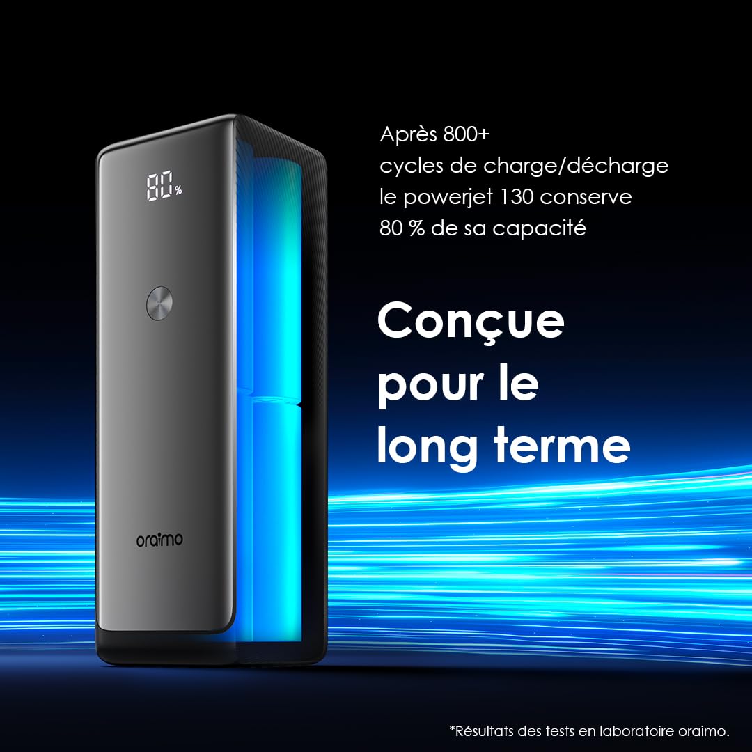 oraimo PowerJet 130 - Batterie Externe Puissante 130W 27600mAh - Power Bank Haute Capacité Recharge Rapide avec 3 Ports USB-C PD 100W et Écran Numérique LED, Conforme pour Avion