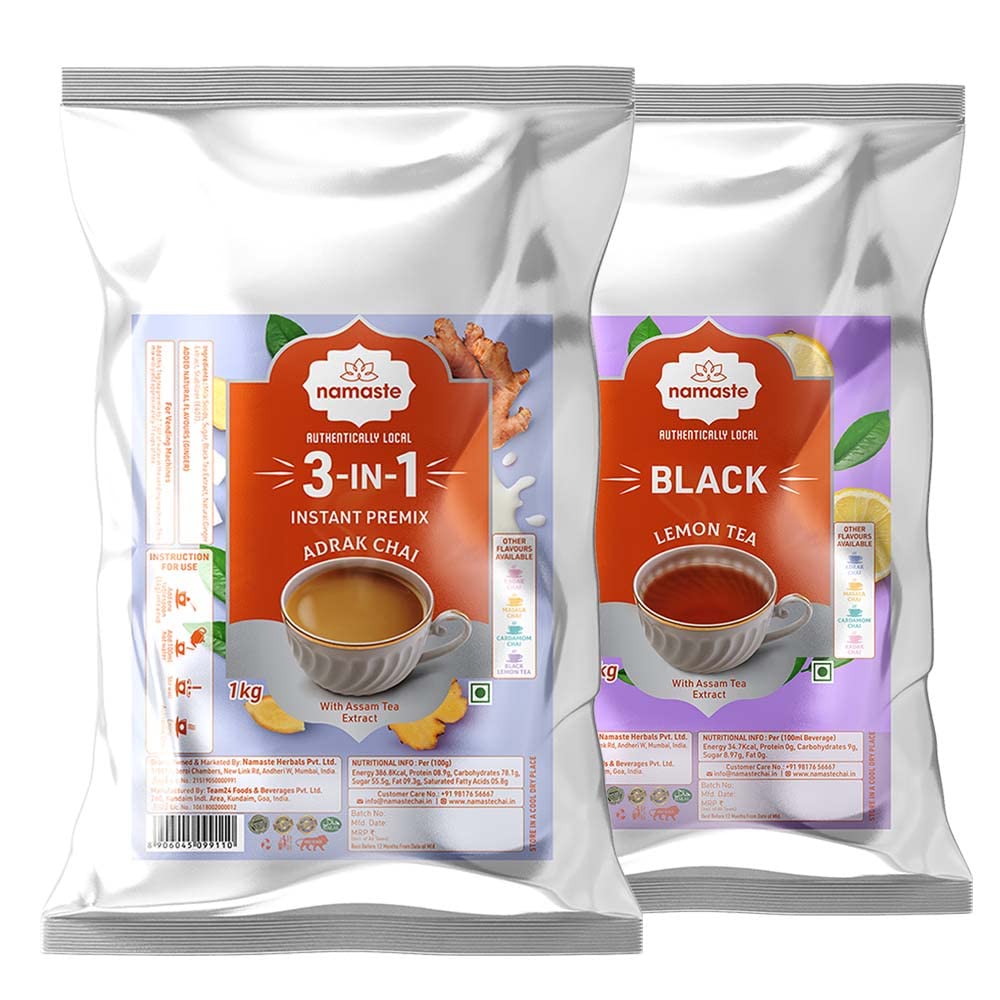 Namaste Chai 3 in 1 Instant Premix Tea Combo Pack | Adrak Chai Instant Premix | Black Lemon Tea Premix | Pack Of 2-1kg Each