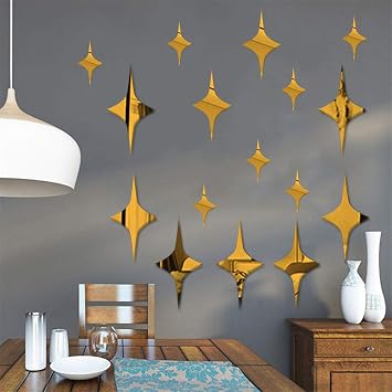 3D Star DIY Mirror Wall Stickers, Acrylic Art Decor Wall Sticker Murals, Childrens Room Nursery Fashion Design Crystal Art Decals Home Bedroom Ceiling Bathroom TV Background Decoration Gold