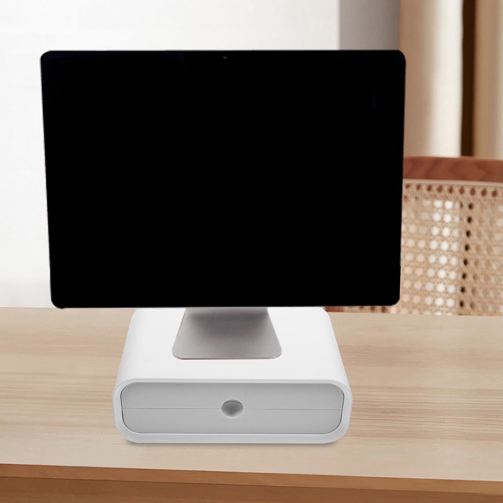 Rialzo per Monitor in Plastica Bianco con Cassetto Scorrevole, Bordi Delicati e Arrotondati, Supporto da Scrivania per Ufficio e Camera con Facile Organizzazione