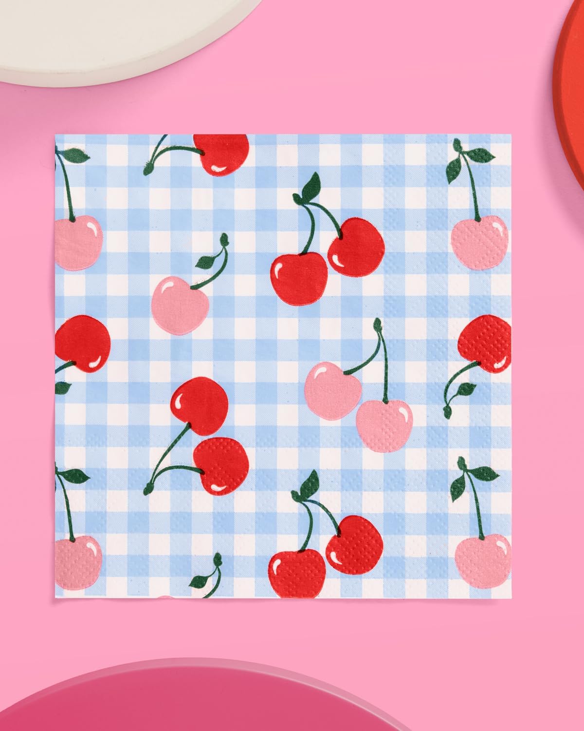 xo, Fetti Blue Gingham Cherry Napkins - 3-ply, 25 pcs | Ma Cherie Baby Shower, Cherry on Top Bachelorette Decorations, Birthday Decor, Kids Picnic Tablescape