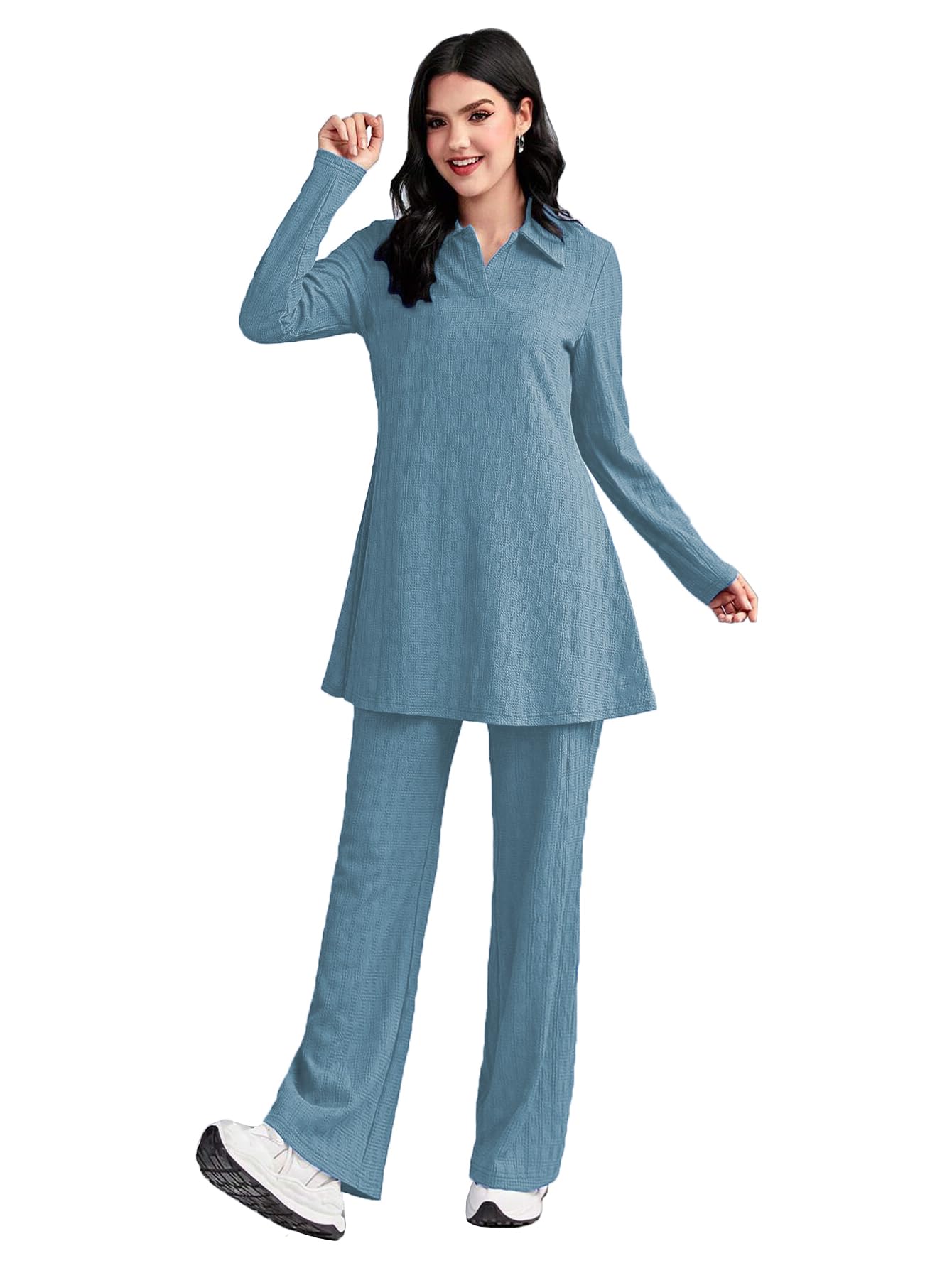 Tadkee Women's Solid Color Two-Piece Set | Long Sleeve Top & Wide Leg Pants Co-Ord Set | Casual Wear Co Ord Set (Fn-Full-Sleeve-Cord-125-Aqua-L)