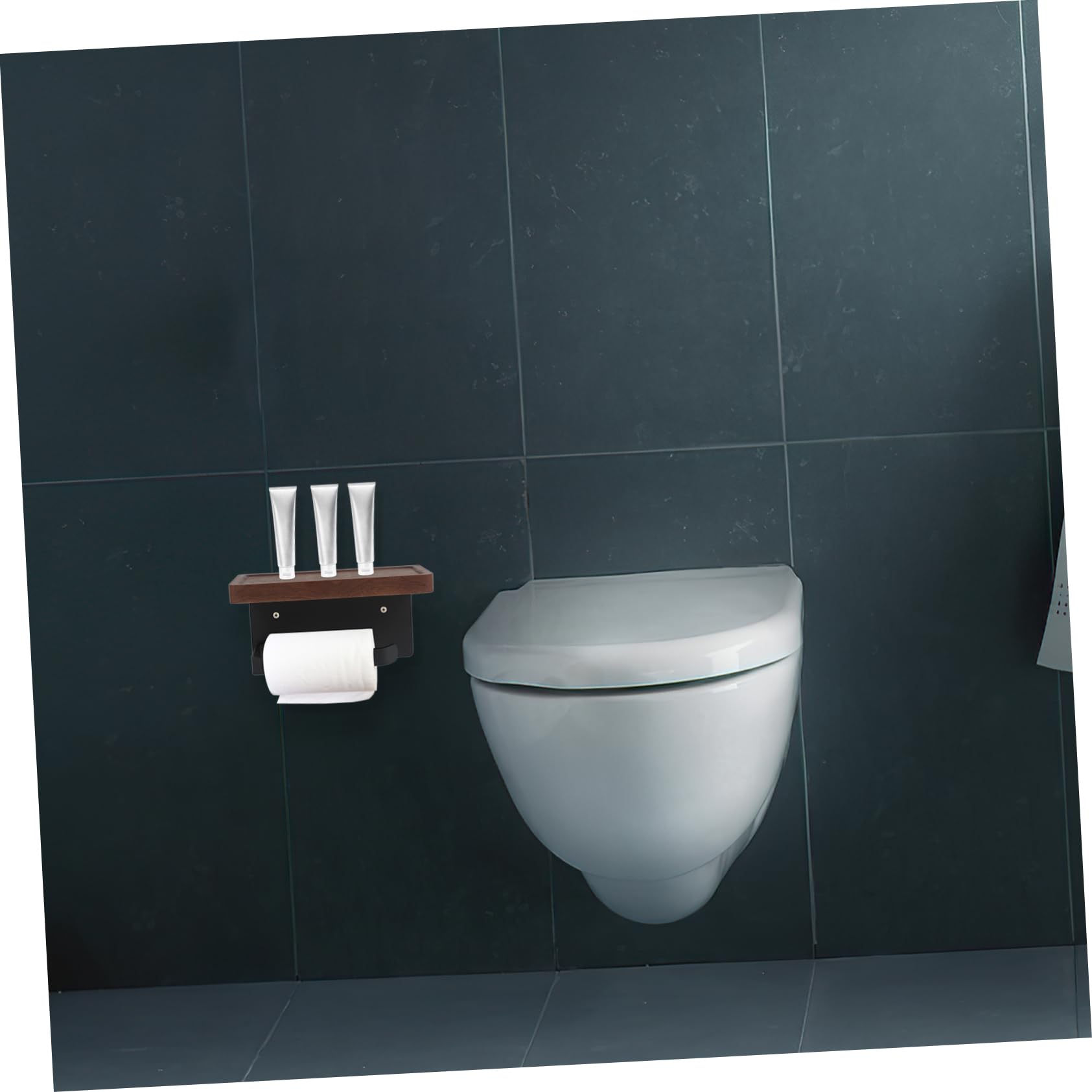 Portarrollos Papel Pared con Estante de Madera de Nogal Negro Soporte Práctico para Baño y Cocina Diseño Elegante para Pequeños Objetos