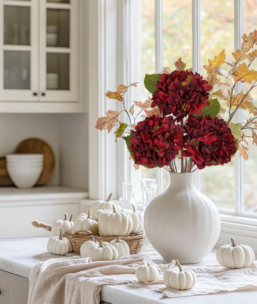 Hollyone 3Pcs Dark Red Hydrangea Artificial Flowers Faux Dried Touch Hydrangeas Silk Flowers with Stems Fake Fall Florals Flower for Home Wedding Table Centerpiece Vase Arrangements Fall Decorations - Image 6