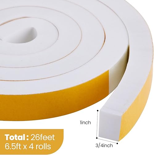 Miniatura 2 de 4 rollos en total de 26 pies, burlete blanco de 1 pulgada de ancho x 3/4 pulgadas de grosor, cinta de espuma autoadhesiva de alta densidad,