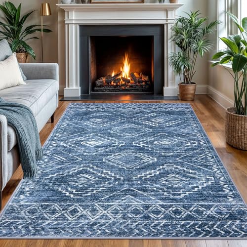 KILOCOCO Area Rug 4'x6' Entryway Rug Washable Bedroom Rugs Non Slip Printed Boho Low-Pile Rubber Backed Blue Soft Rugs for Kitchen Living Room Dining Geometric Moroccan Carpet, Stonewashed Blue