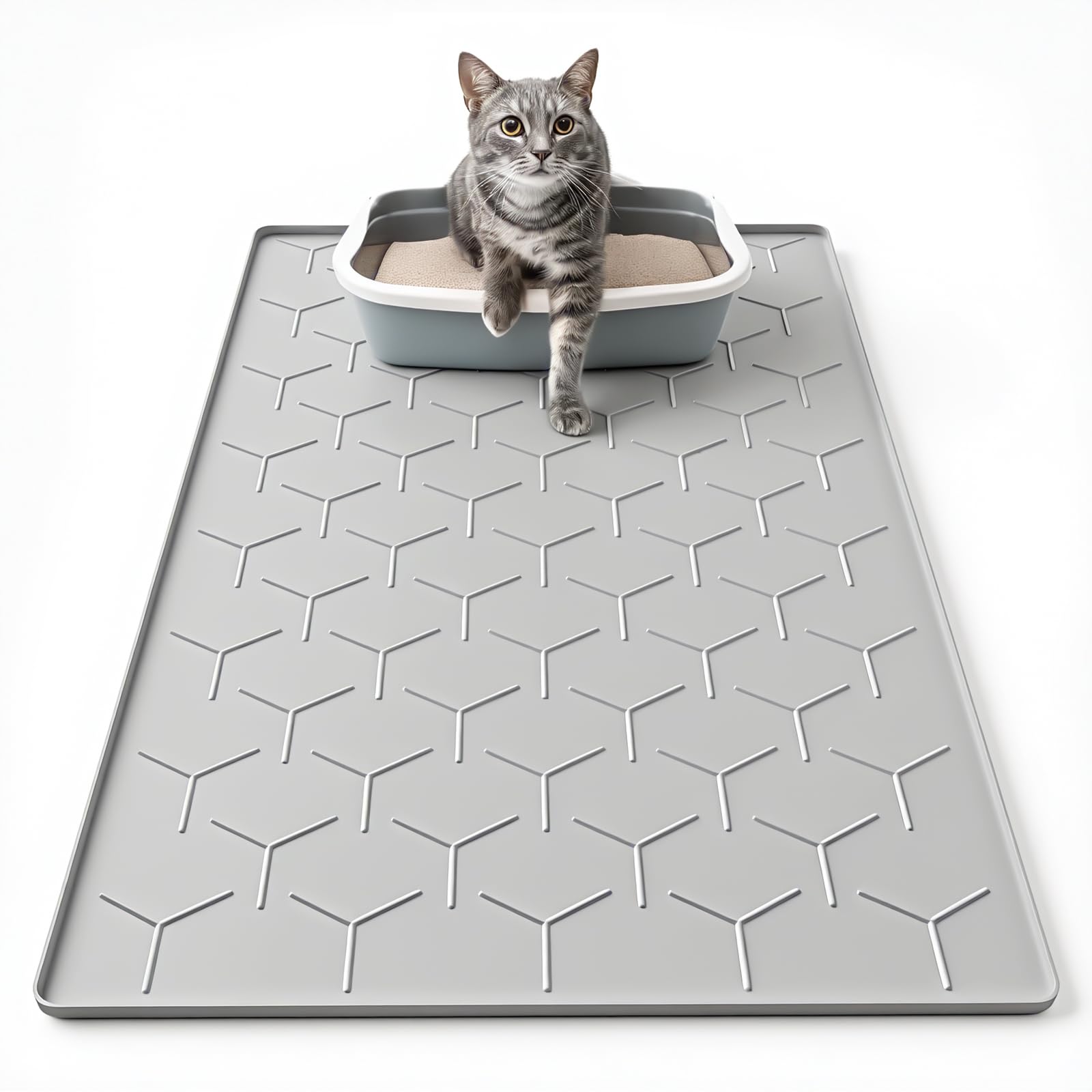 Cat Mat for Litter Box, Large 34" X 22" Cat Litter Mat, Waterproof Silicone Pad for Floor, Gray