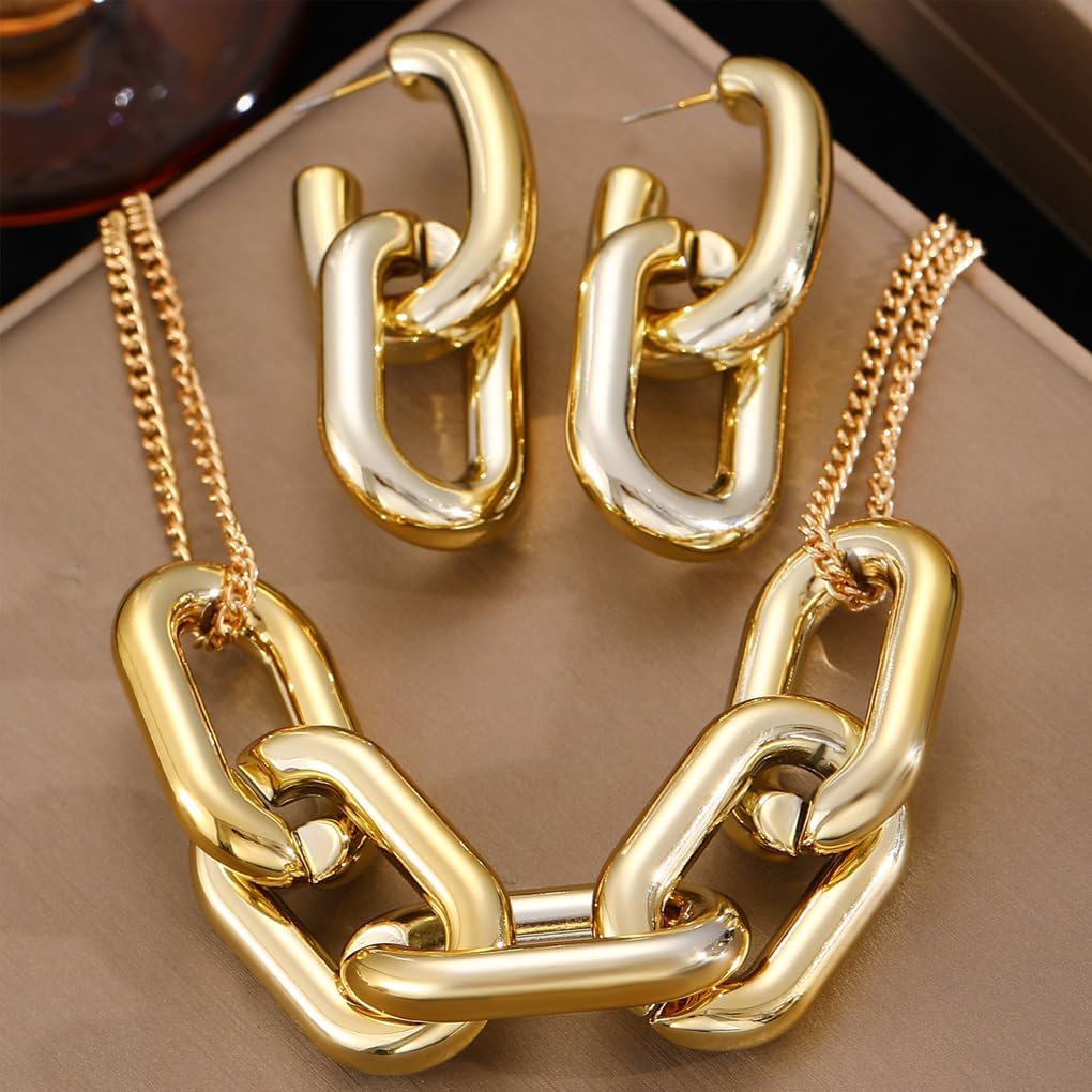 Gold Chunky Acrylic Jewelry Set for Women,Paperclip Chain Link Choker Necklace,Trendy Thick Chain Dangle Earrings Prom Cocktail Jewelry Accessories - Image 3