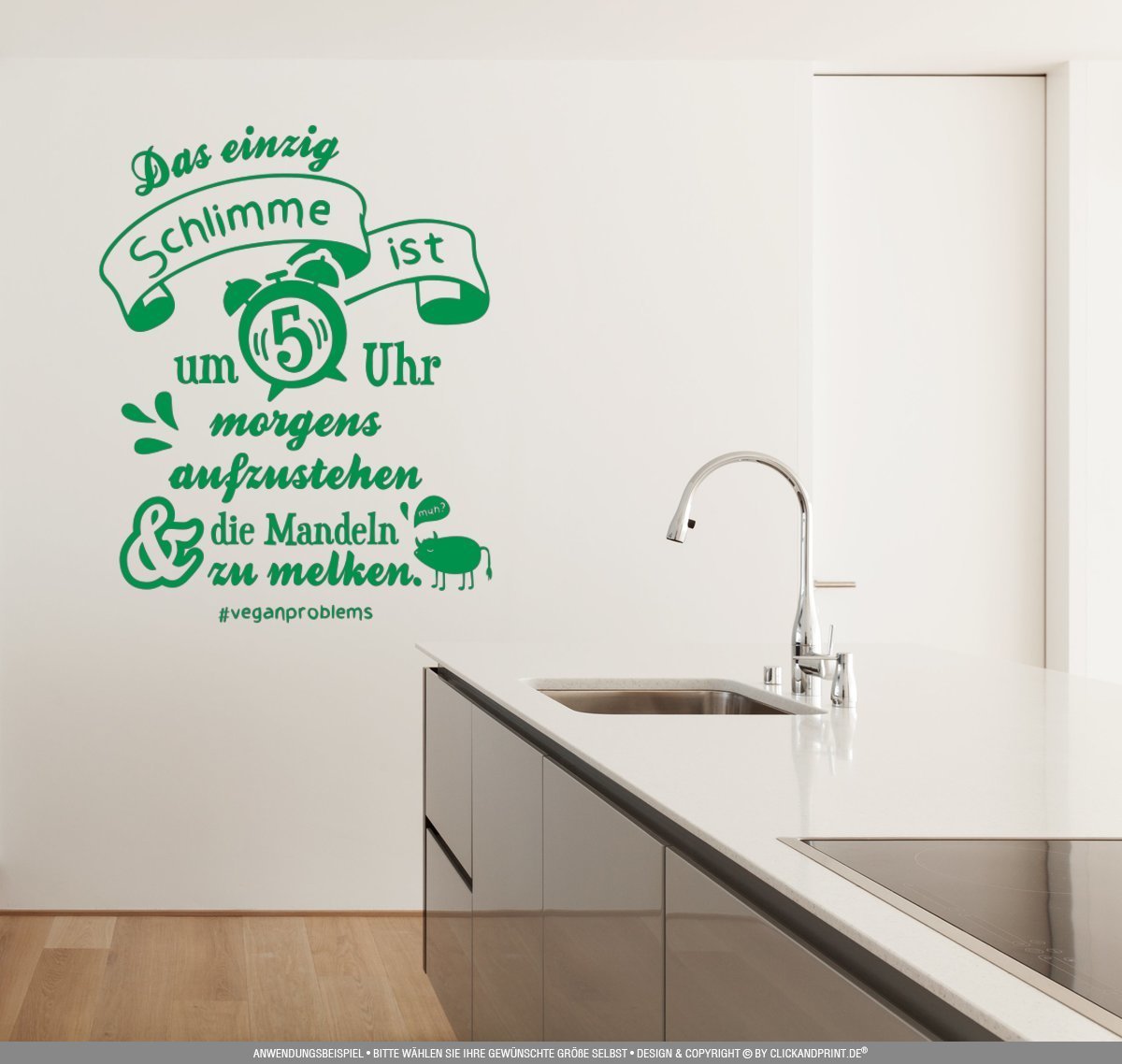 Aufkleber » Vegane Probleme - Mandeln melken, 260x36,5cm, Hellgrün • Wandtattoo / Wandaufkleber / Wandsticker / Wanddeko / Vinyl