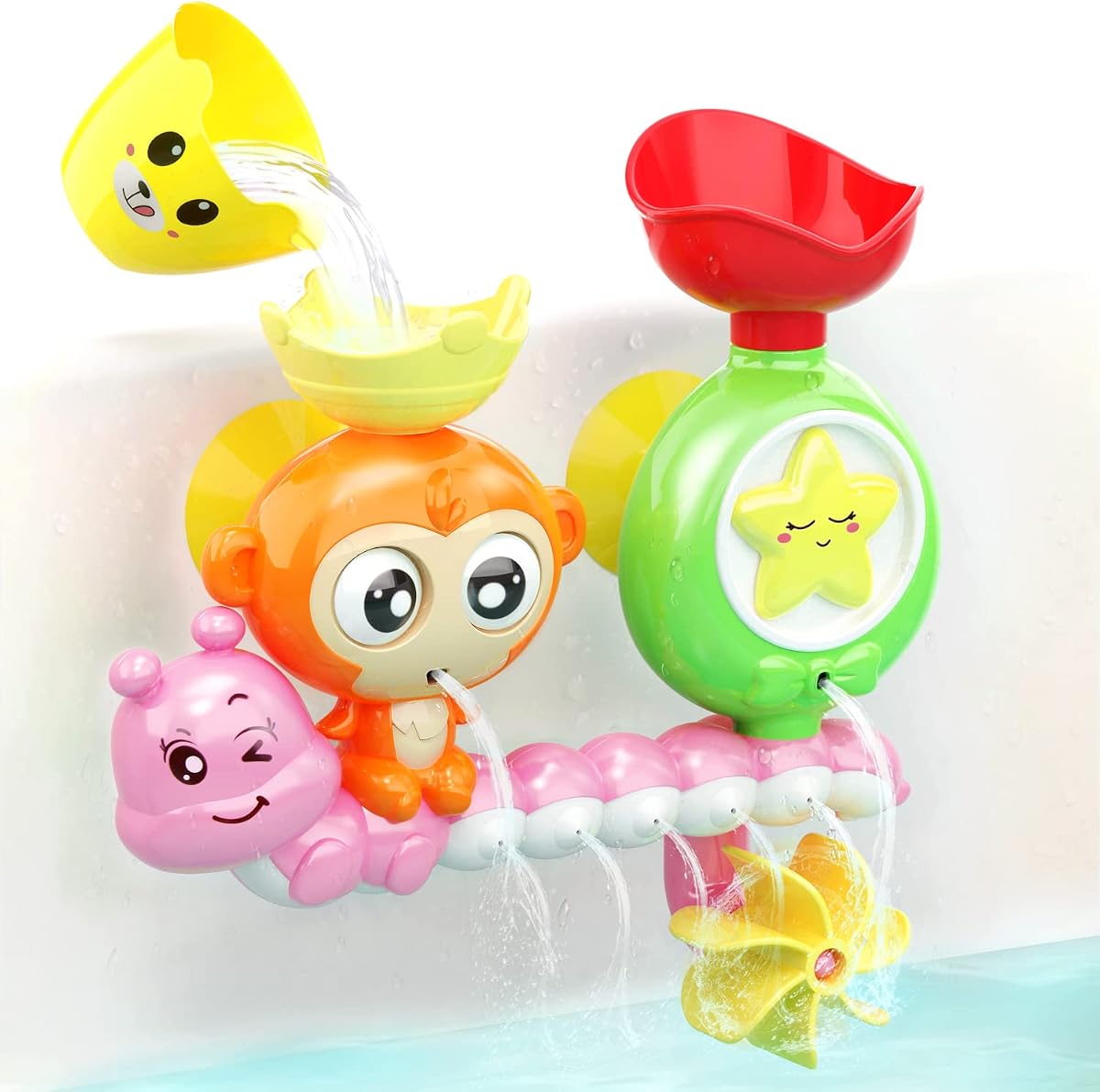 G-WACK Juguetes de baño para niños pequeños de 1, 2 y 3 años, juguetes de agua para bañera de bebé preescolar recién nacido, juguete infantil multicolor interactivo duradero, adorable oruga mono, ventosas fuertes, color rosa