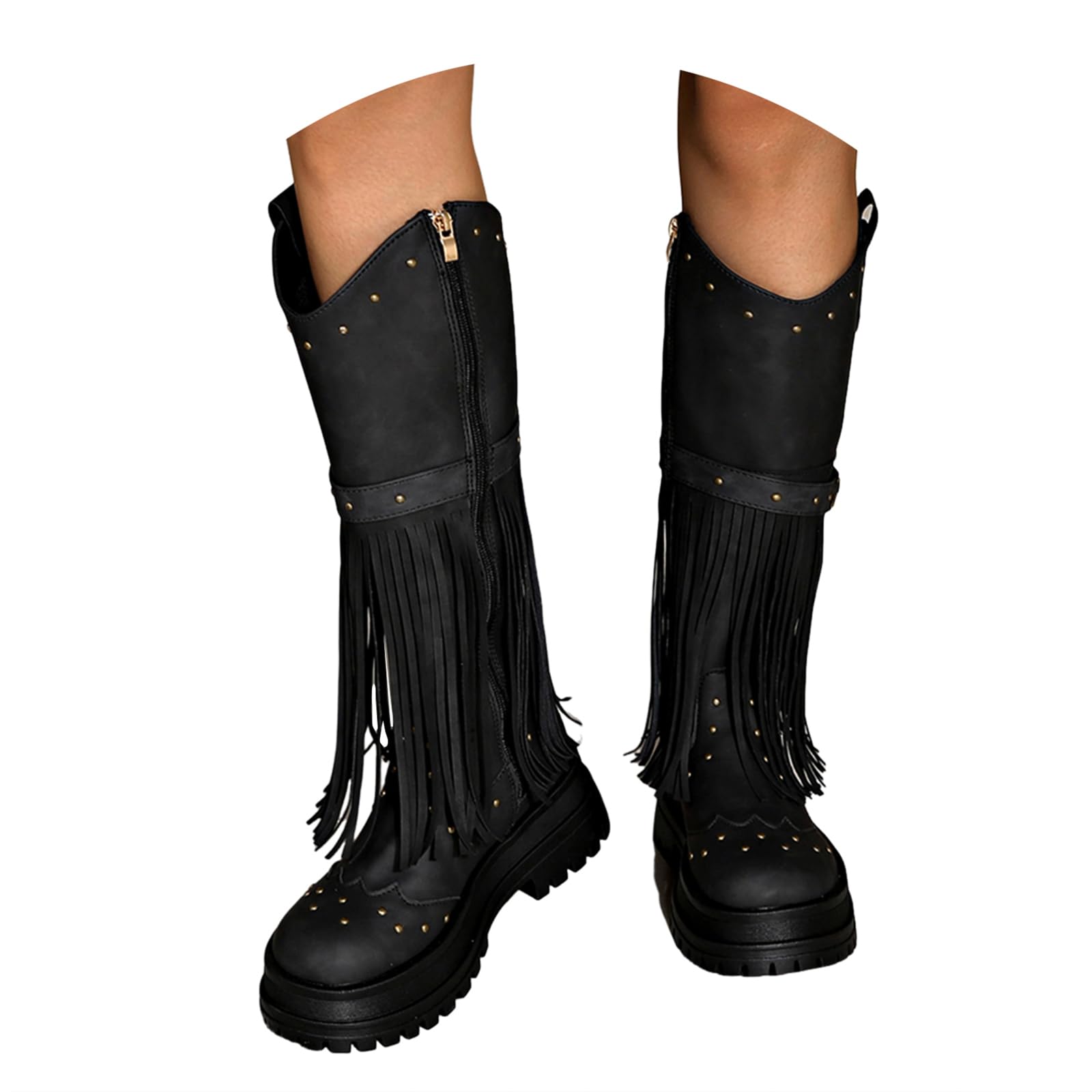 ZSpzx Women Mid Calf Riding Boots Fringe Wide Calf Leather Platform Buckle Straps Studded Square Toe Side Zipper