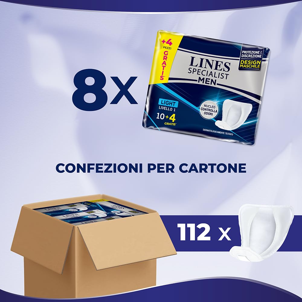 Lines Specialist Compresas masculinas Light Nivel 1, anatómicas y con núcleo controla olores, protección y discreción, 8 paquetes de 14 unidades
