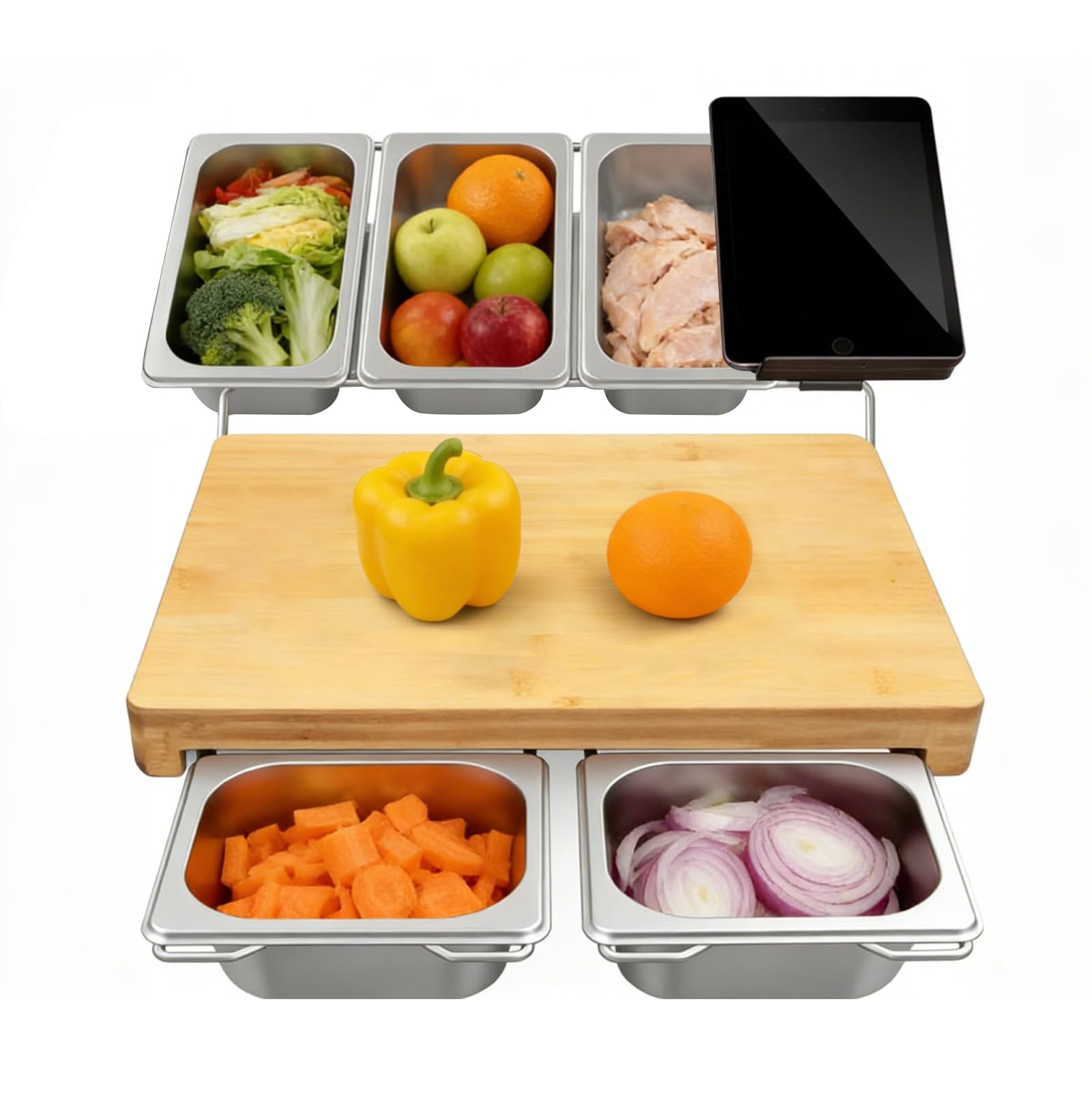 Tabla De Cortar De Madera Con Bandeja Colectora,Tabla Cortar Multifunción | De Bambú Con 5 Bandejas De Acero Inoxidable Y Soporte Para Tableta, 43 x 28 cm, Antideslizante Y Respetuosa Con Los