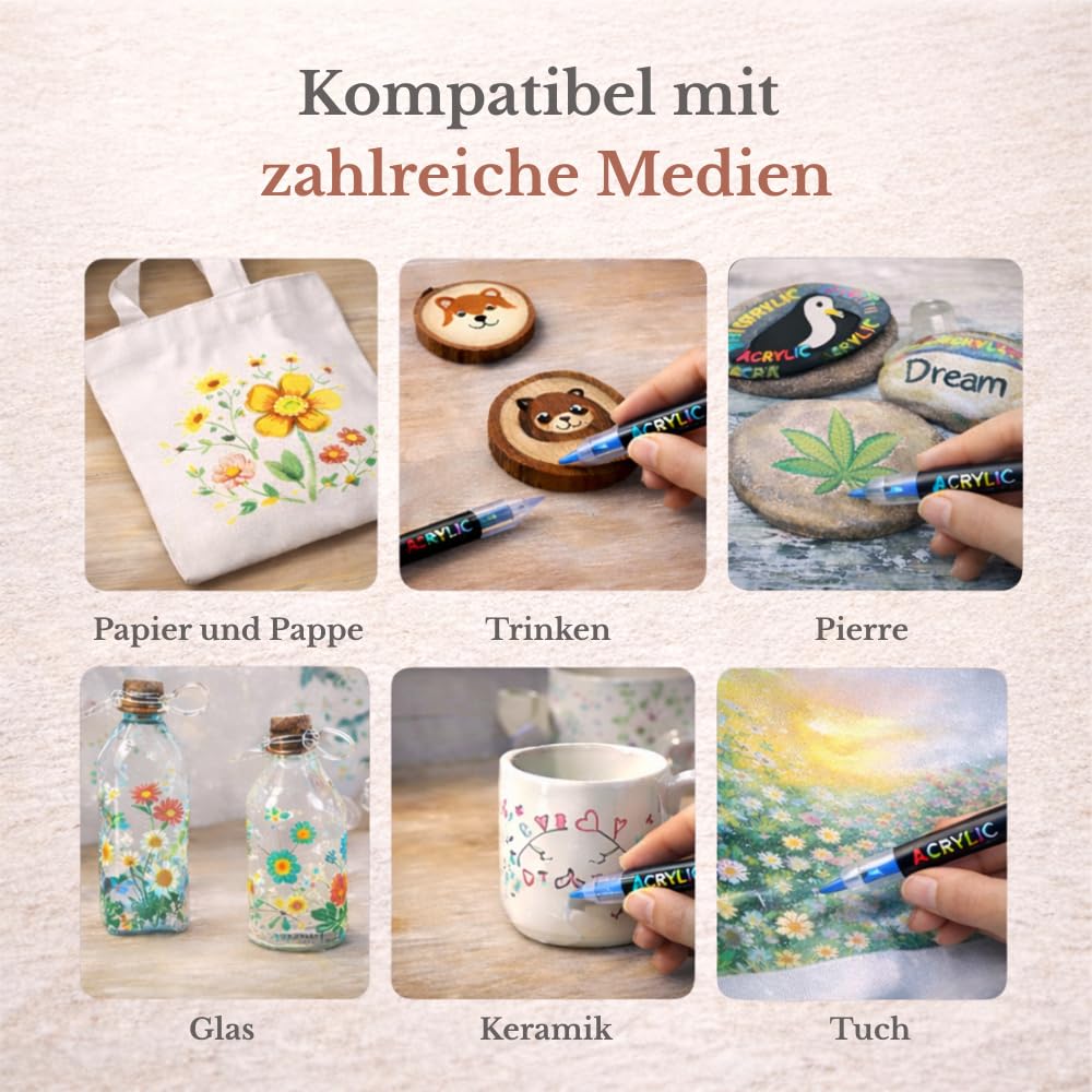 Faizer ® Acryl-Filzstifte, Acrylstifte mit Pinselspitze, zum Ausmalen von Erwachsenen, Acrylfarben zum Ausmalen, für schöne Kunst, Kalligraphie, Holz, Leinwand, Glas, Keramik