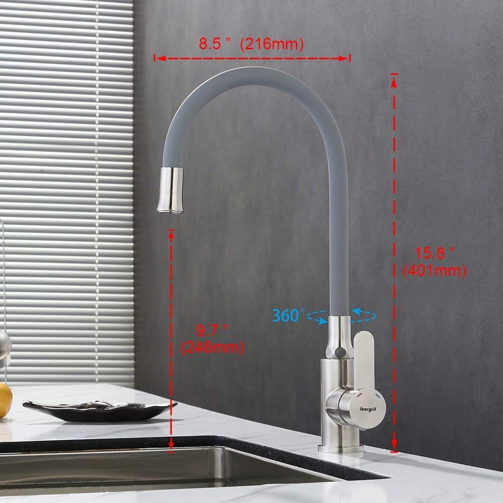 Ibergrif M22119-9 Grifo de Cocina Gris con Caño Flexible Universal, Grifería para Fregadero, Acero Inoxidable Cepillado, Gris, 3/8"