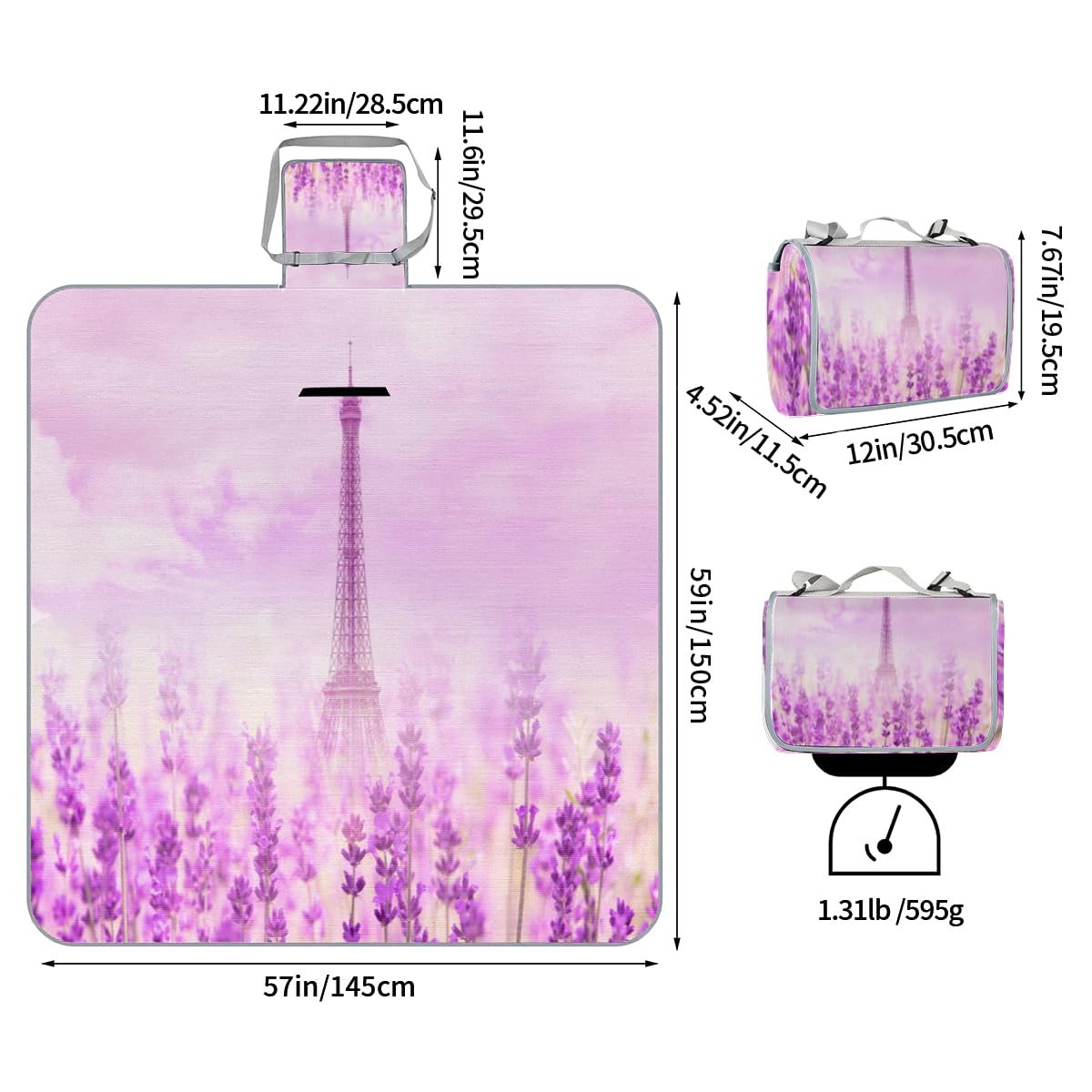 Shimoshe Picnic Blankets 57”x 59”, Flower Lavender Waterproof Sandproof Picnic Mat Lightweight Foldable Beach Blanket for Camping Park Grass Beach Outdoor Blanket