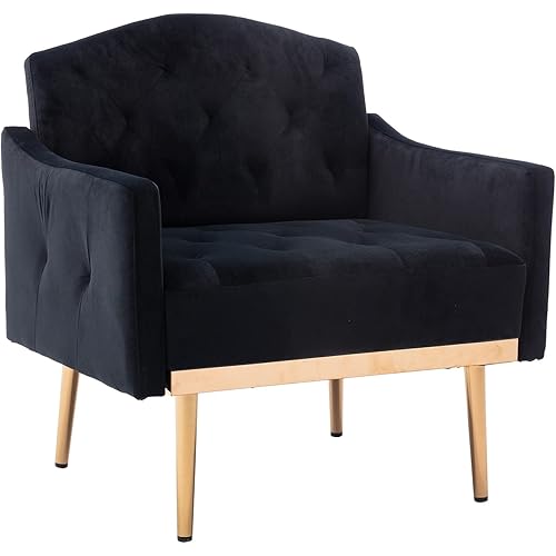 Olela Velvet Accent Chair with Arms for Living Room, Modern Tufted Single Sofa Armchair with Gold Metal Legs Upholstered Reading Club Chair for Bedroom Office Decorative (Black - Velvet Curved Back)