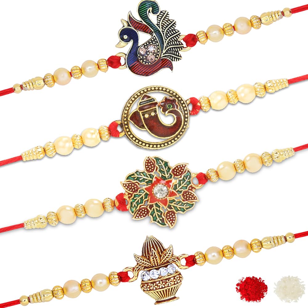 Riddhika Ventures Fabulous Gold Plated Meenakari Rakhi (Set of 4) with Roli Chawal and Greeting Card (E1G1M1P7)