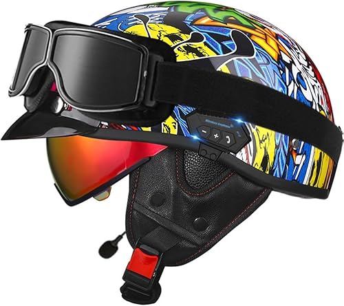 Miniatura 11 de Casco de cara abierta con Bluetooth para hombres y mujeres, casco retro de estilo alemán con diseño de calavera, visera con gafas, casco de media