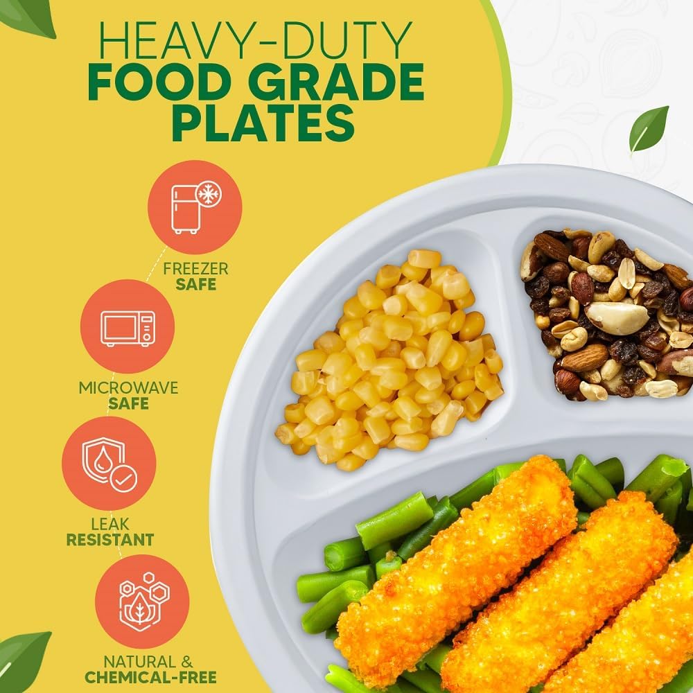 Compostable 3 Compartment Paper Plates 10 inch 150-Pack – Disposable Divided Plates – Made of Biodegradable Sugarcane Bagasse – Round Heavy-Duty Eco-Friendly Dinner Plate – Natural White