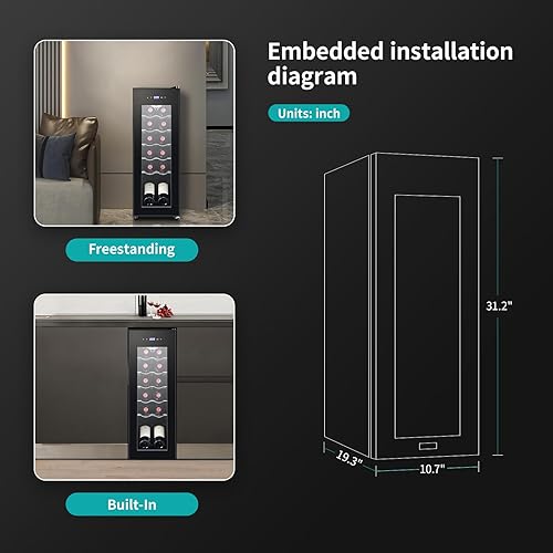 Miniatura 7 de Refrigerador de vino negro de 12 botellas, enfriador de vino pequeño de acero inoxidable independiente para vino tinto y blanco, refrigerador de